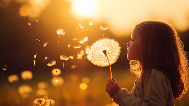 Girl blowing dandelion seeds, making a wish in the golden light of sunset