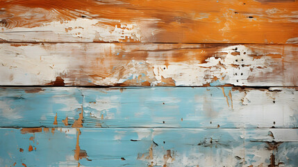 Old Distressed Wood Slat Background Wallpaper for Product Placement Advertisement. Painted Stained Weathered Sea Ocean Boards. Orange, Blue, White. 16:9 Aspect Ratio.
