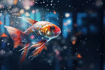 Portrait of a fish on blue bokeh background, with fireworks and snow, christmas and new year concept