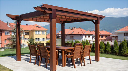 wooden pergola with a table and chairs against the backdrop of houses and mountains in sunny weather, created with Generative AI Technology.
