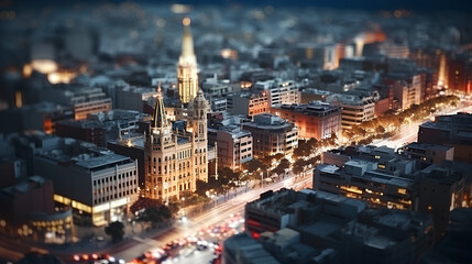 City tilt-shift effect with city streets in night lights. European city skyline miniature tilt shift effect background