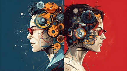 Illustration of a man and a woman with mechanical heads