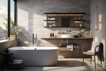 Fototapeta na wymiar A bathroom with a tub and a chair. AI image.