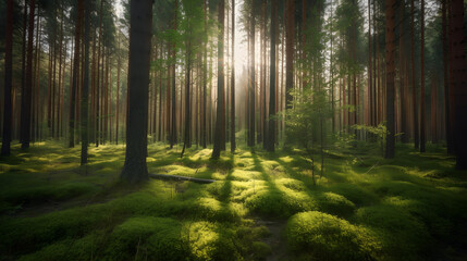 Fototapeta na wymiar forest with tall trees and a sunny clearing one generative AI