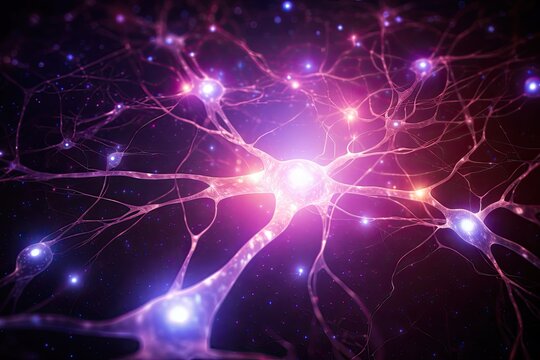 Vast neural network with glowing neurons interconnected, Human brain neurons. Generative AI