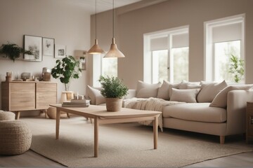 Interior of a beige living room decorated in a Scandinavian farmhouse style with natural wood furniture