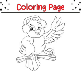 Cute Christmas bird coloring page for children. Vector black and white Happy Christmas coloring book.