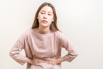 Flatulence asian young woman intolerance hand in stomach ache, suffer from food poisoning,...