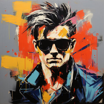 1980s style dude in an abstract painting
