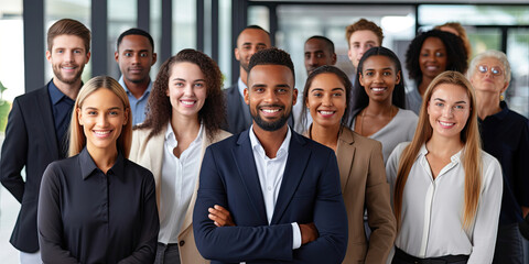 Millennial diverse business colleagues headed with black boss, posing to camera in office, panorama