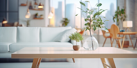 Copy space on a white table with a blurred modern living room in the background.