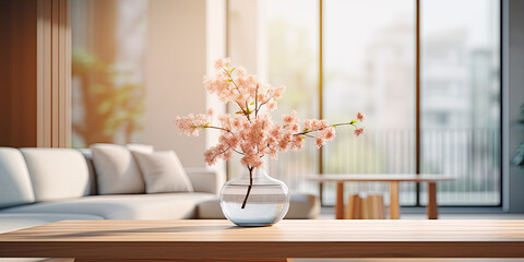 Copy space on a white table with a blurred modern living room in the background.