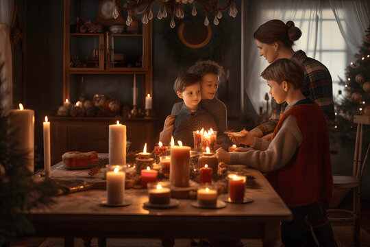 Familia Cenando En Navidad Con Velas