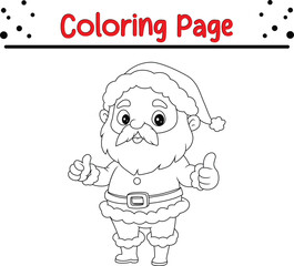 Cute Christmas Santa coloring page for children. Vector black and white Happy Christmas coloring book
