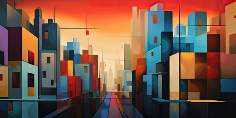AI Generated. AI Generative. Abstract geometric shapes city town buildings architecture cityscape background street. Graphic Art