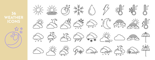 Weather line icons set. Sun, moon, stars, snow, snowflake, thunderstorm, rain, lightning, wind, temperature, rainbow, umbrella, clouds, crescent. Vector stock illustration.