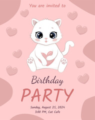 Birthday party invitation with cute kitten and hearts.