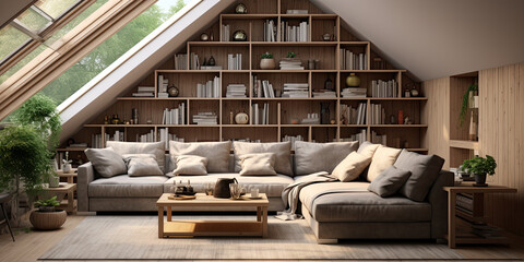 Corner sofa against shelving unit, scandinavian home interior design of modern living room in attic in farmhouse. 