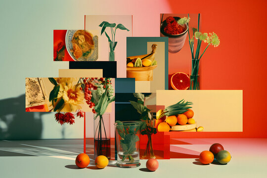 there are many different pictures of fruit and flowers in vases Generative AI