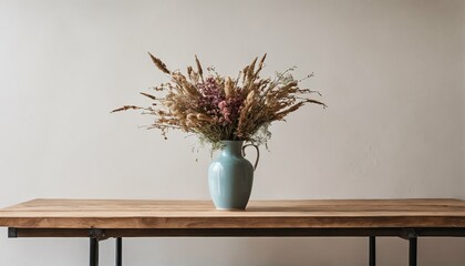Blank wall backdrop - wooden table with vase of dried flowers, home interior design, copy space - obrazy, fototapety, plakaty