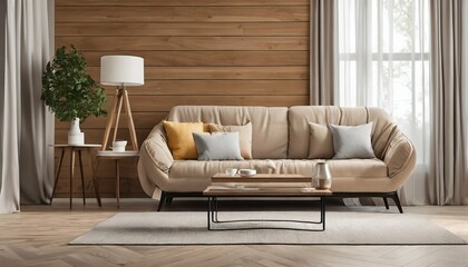 Window-side comfort in modern interior - sofa with pillows and blanket in room with wooden paneling wall, Scandinavian style living room design