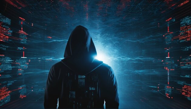 Black hoodie hacker with network of glowing data and intricate code - cybersecurity