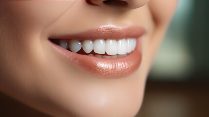 Fototapeta premium Beautiful wide smile of young fresh woman with great healthy white teeth whitening. Close up Dental image symbolizes oral care dentistry, stomatology, wellness, restoration concept. Generative AI