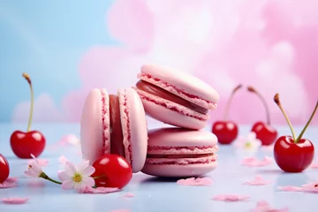Keuken spatwand met foto Pink French macaron pastries with cherry fruits. © Firn