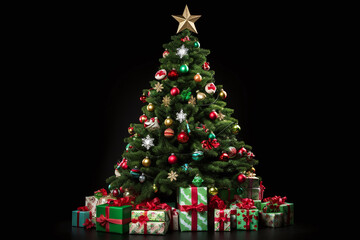 Many beautiful gift boxes under Christmas tree. Christmas, New Year background, generative ai