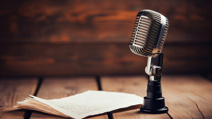 Retro microphone on wooden table