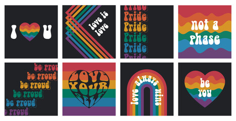 Pride month lgbtq+ instagram posters with rainbow and lgbt community tagline