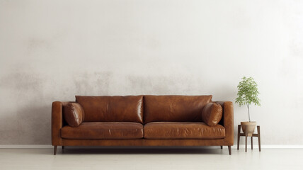 Isolated minimalistic modern brown sofa funiture at living room with white wall background.