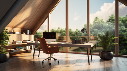 Modern home office with laptop with nature view from windows.