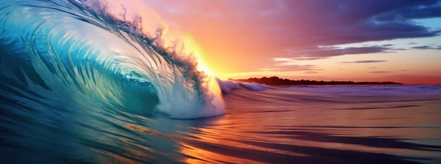 Fototapeten Single rolling wave in the ocean against indigo sunset © Denniro