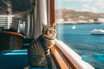 A cat on a cruise sitting and waiting, looking the sea
