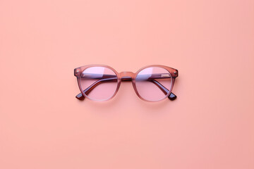 Top view of eyeglasses on pastel pink background