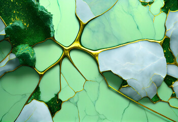Green and gold marble surface with gold detail. Generative AI