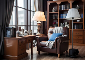 living room interior, armchair, desk, lamp
