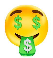 Emoji with money on transparent background in 3D rendering