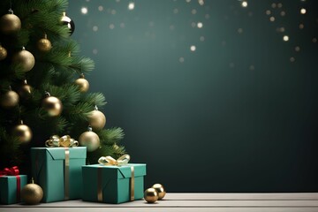 3D render Christmas background with gift boxes and christmas tree. Christmas tree with gift boxes on wooden table. - obrazy, fototapety, plakaty