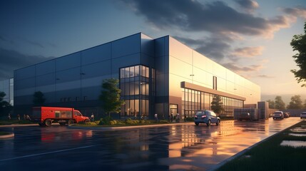 Modern Commercial office building. 3D render. Factory and transport house. Large logistic business...