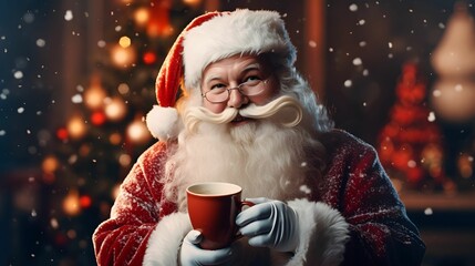 Cute Santa Claus. Santa Claus with cup of coffee over living room background - christmas, holidays concept.