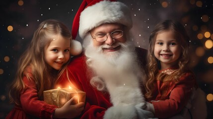 Fototapeta na wymiar Santa Claus with children at home. Beautiful Christmas and New Year concept. Santa Claus and children are holding a gift box and smiling.