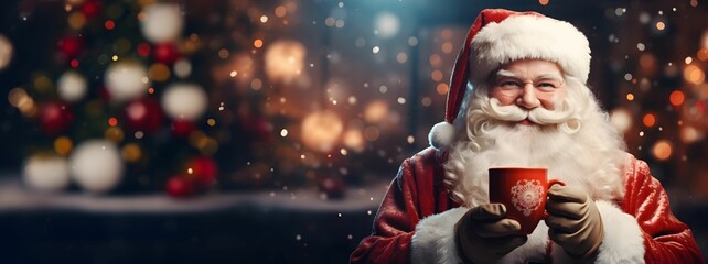 Cute Santa Claus. Santa Claus with cup of coffee over living room background - christmas, holidays concept. Christmas concept with wide copy space for text.