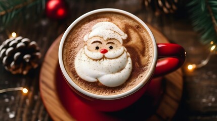Cappuccino with a santa claus on a wooden background. Cup of latte coffee with Santa Claus shape art on foam, top view. Christmas and New Year background.