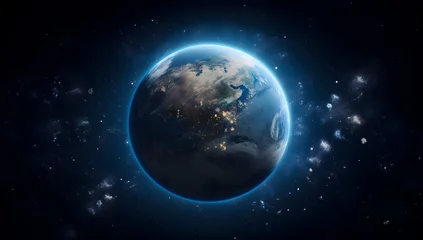 Crédence de cuisine en verre imprimé Pleine Lune arbre a close up of a planet with a bright blue glow Generative AI