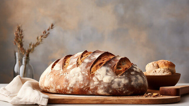 a fresh loaf of sourdough bread on a wooden board, food photography style, banner with copy space