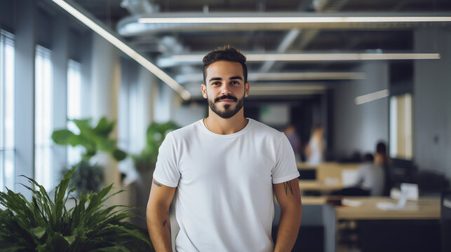 portrait of creative man at work wearing a white tshirt and jeans smiling to camera in casual office