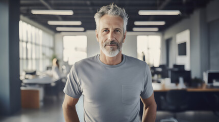 Fototapeta na wymiar portrait of creative older man at work wearing a gray tshirt and jeans smiling to camera in casual office
