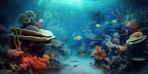 AI Generated. AI Generative. Marine nautical undersea water ocean seascape wild nature world. Scuba deep diving tour adventure explore vibe background.